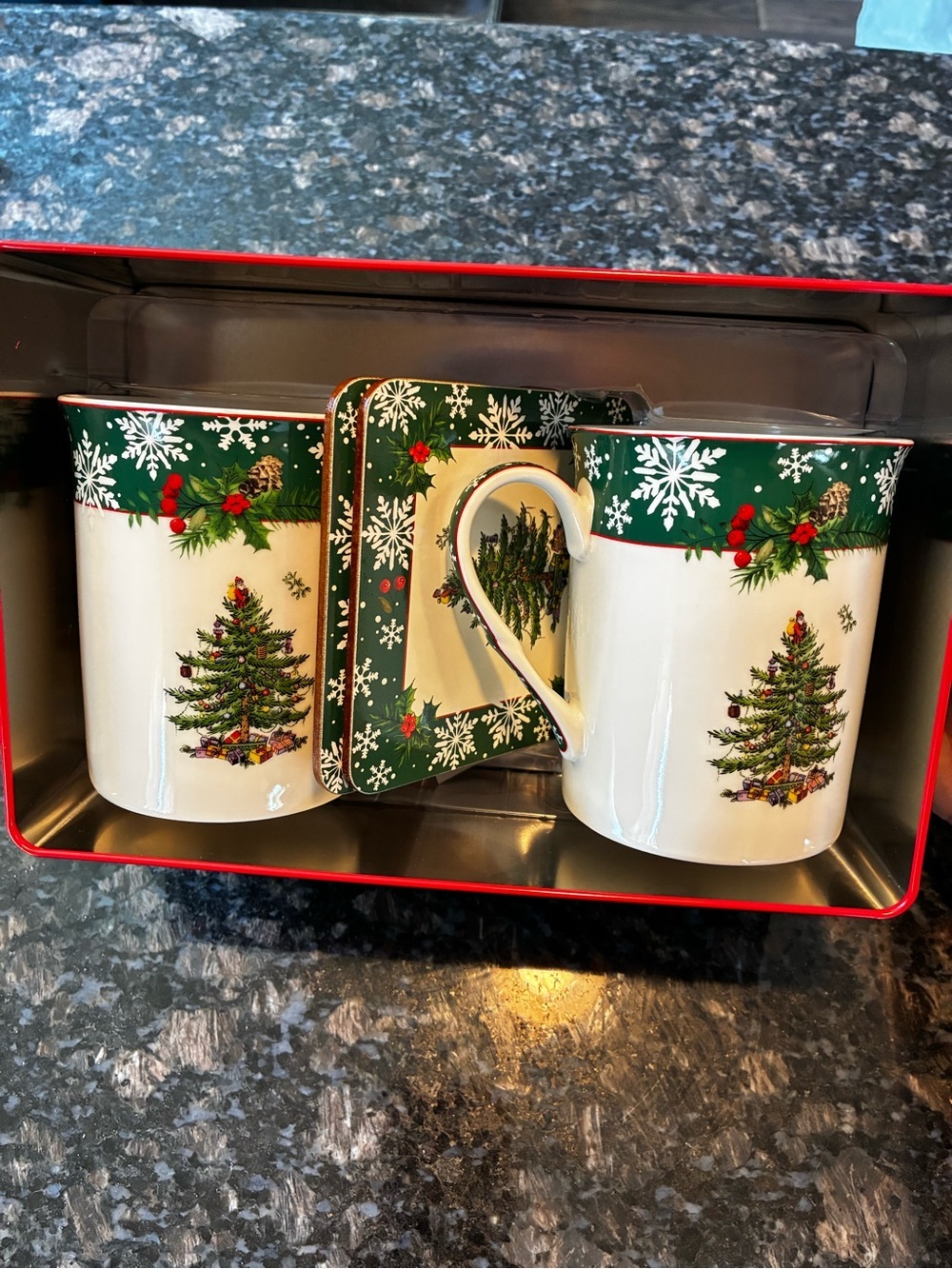 Vintage Spode Christmas Tree 5 Pc Mug Gift Set Tin Coasters